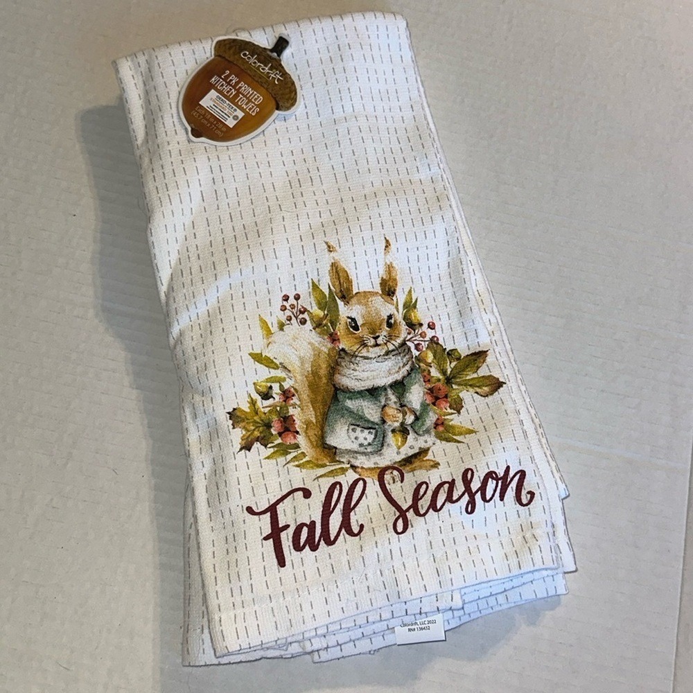 Colordrift 2 PK Fall Season Kitchen Towels Squirrel Woodland Cotton 18x28 NEW